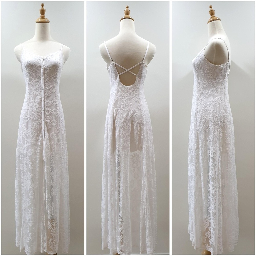 Hollister White Floral Lace Maxi Dress Button Front Strappy Back Boho Medium